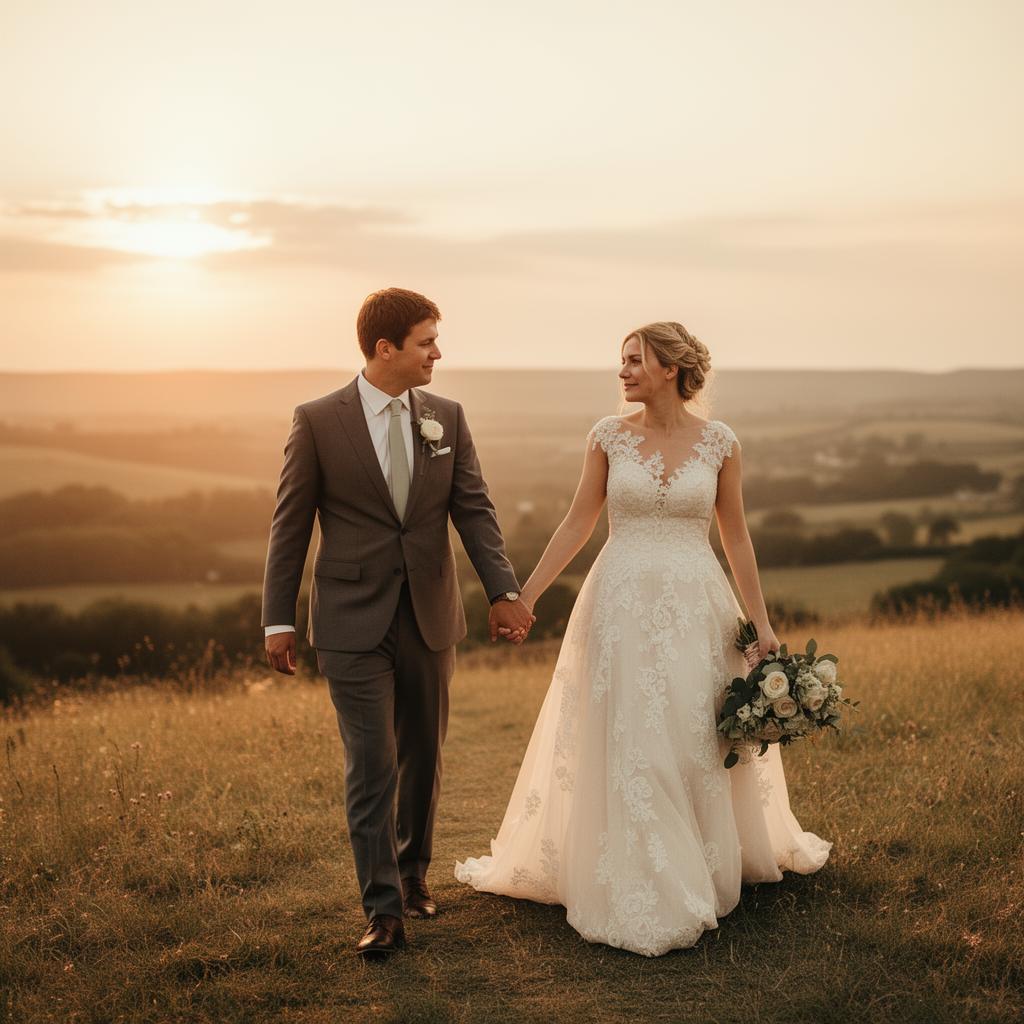 Wedding couple walking together at sunset